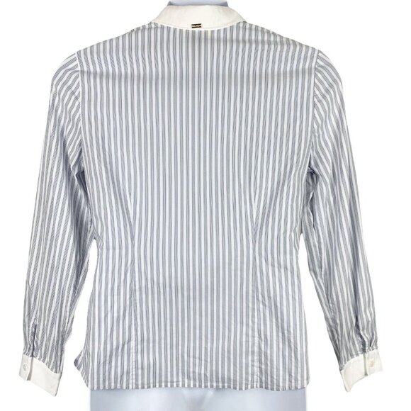 St John Size 10 Shirt Button Striped Blouse White Blue Long Sleeve Stretch FLAW - Picture 2 of 4